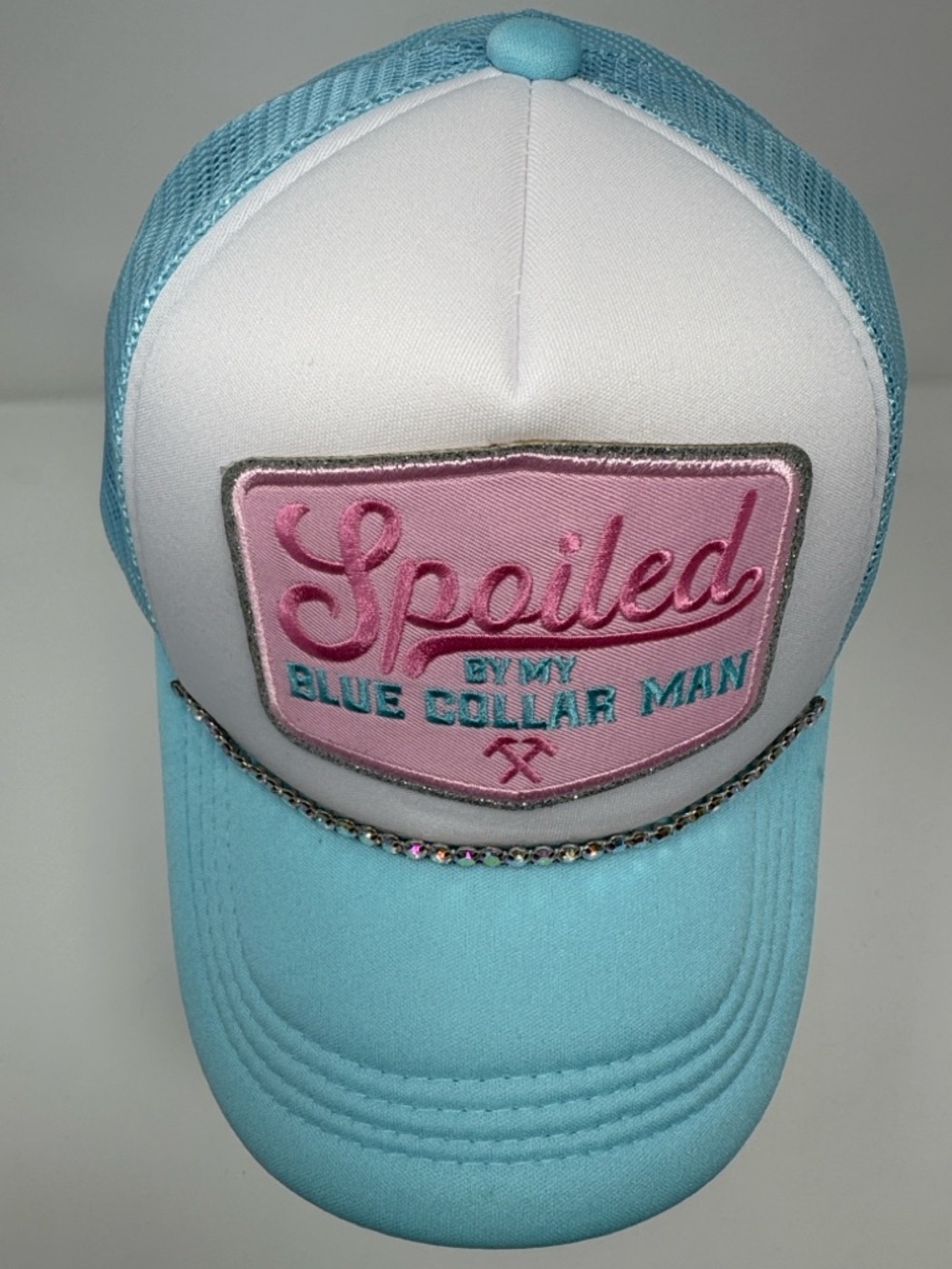 Hand Crafted Trucker Hat “Spoiled By My Blue Collared Man” NWOT